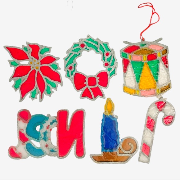 6 Vintage Suncatcher Christmas Ornament Faux Stained Glass Noel Wreath Candle 4" - Picture 12 of 14